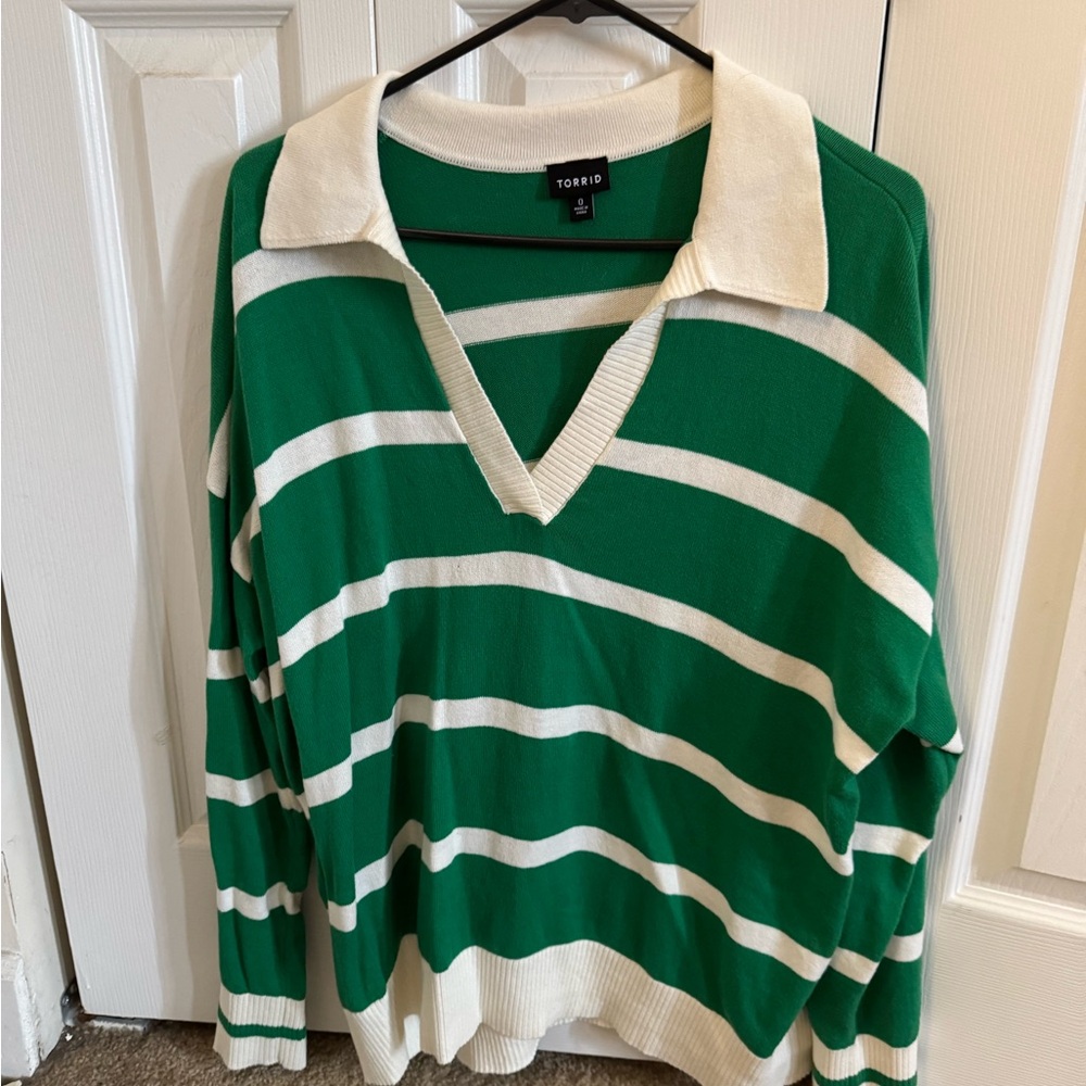 Torrid Green and Cream Striped V-Neck Sweater